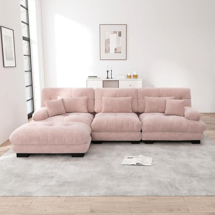 Re-Purelife Grote Hoekbank L-vormig 3-zits Extra Zacht Cloud Sofa met Hoge Kwaliteit Schuim Moderne Woonbank met Verplaatsbare Ottoman Luxe Chenille Stof Drukbestendig & Duurzaam 313x145x81 cm Roze