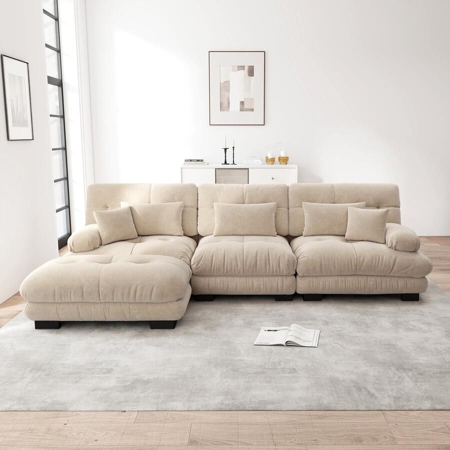 Re-Purelife Grote Hoekbank L-vormig 3-zits Extra Zacht Cloud Sofa met Hoge Kwaliteit Schuim Moderne Woonbank met Verplaatsbare Ottoman Luxe Chenille Stof Drukbestendig & Duurzaam 313x145x81 cm Licht koffiebruin