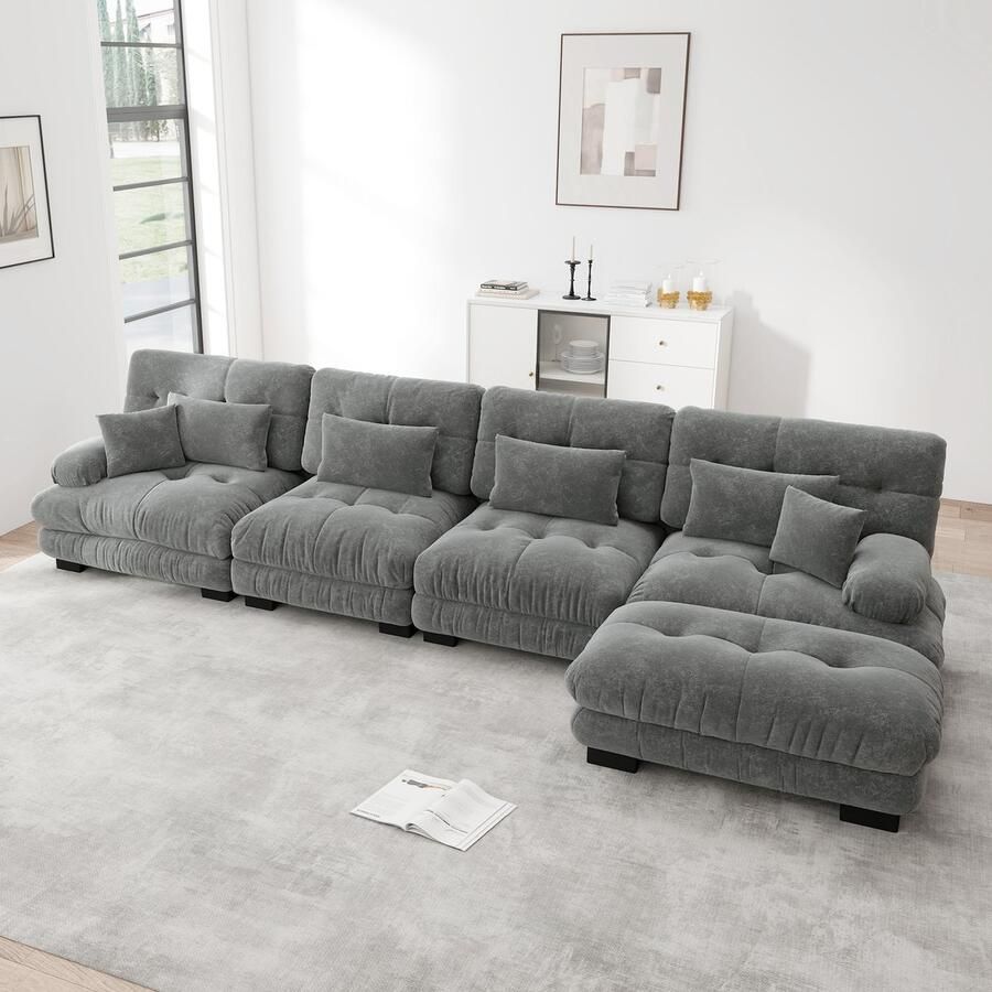 Re-Purelife Grote Hoekbank L-vormig 4-zits Extra Zacht Cloud Sofa met Hoge Kwaliteit Schuim Moderne Woonbank met Verplaatsbare Ottoman Luxe Chenille Stof Drukbestendig & Duurzaam 406x145x81 cm Grijs