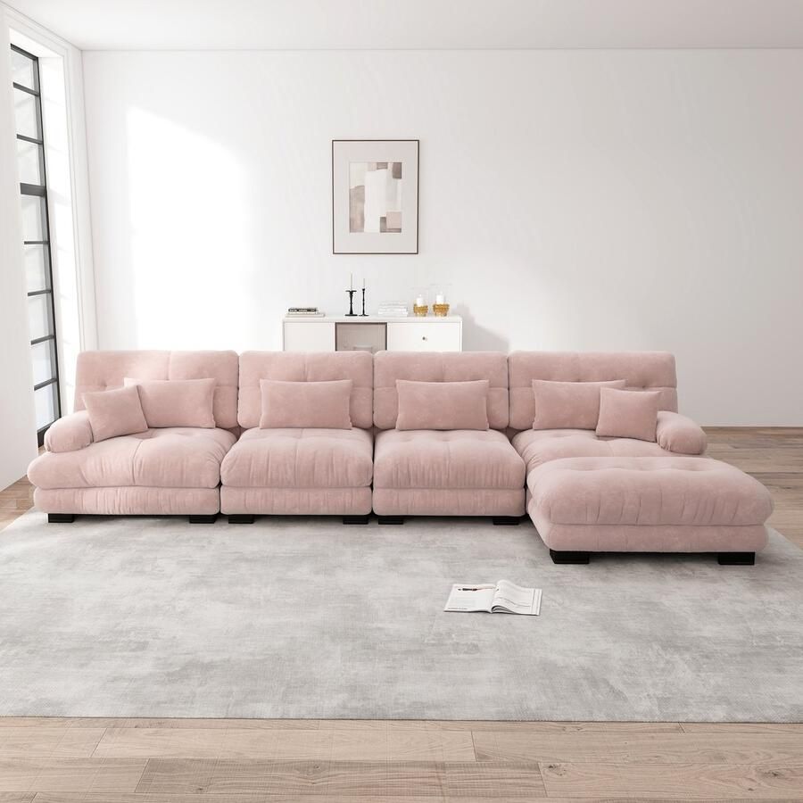 Re-Purelife Grote Hoekbank L-vormig 4-zits Extra Zacht Cloud Sofa met Hoge Kwaliteit Schuim Moderne Woonbank met Verplaatsbare Ottoman Luxe Chenille Stof Drukbestendig & Duurzaam 406x145x81 cm Roze
