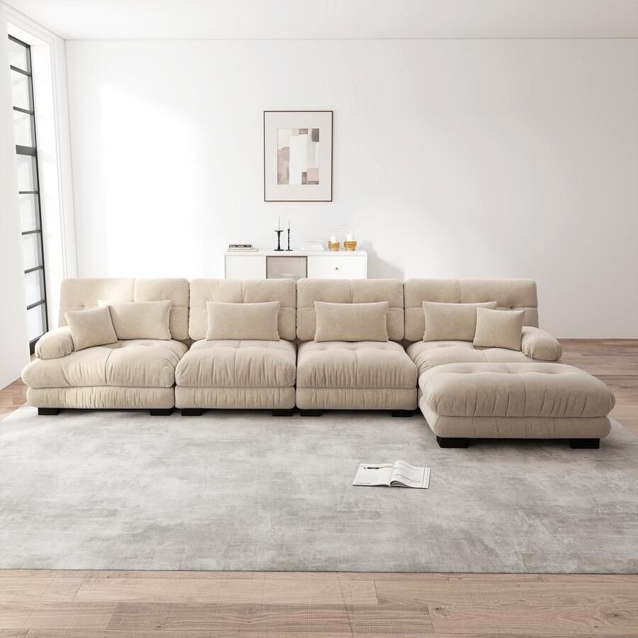Re-Purelife Grote Hoekbank L-vormig 4-zits Extra Zacht Cloud Sofa met Hoge Kwaliteit Schuim Moderne Woonbank met Verplaatsbare Ottoman Luxe Chenille Stof Drukbestendig & Duurzaam 406x145x81 cm Licht koffiebruin
