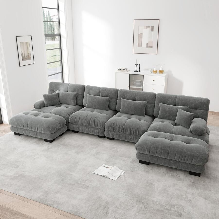 Re-Purelife Grote Hoekbank U-vormig 4-zits Extra Zacht Cloud Sofa met Hoge Kwaliteit Schuim Moderne Woonbank met Verplaatsbare Ottoman Luxe Chenille Stof Drukbestendig & Duurzaam 406x145x81 cm Grijs