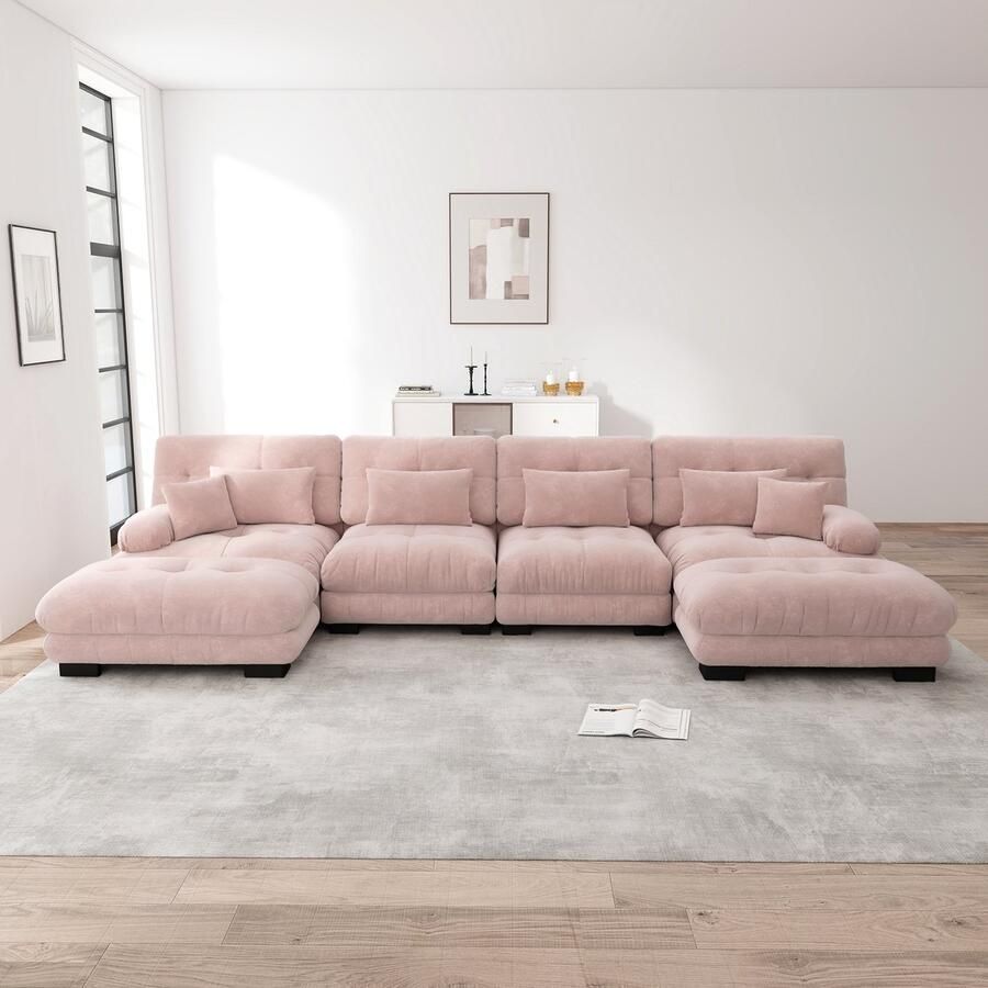 Re-Purelife Grote Hoekbank U-vormig 4-zits Extra Zacht Cloud Sofa met Hoge Kwaliteit Schuim Moderne Woonbank met Verplaatsbare Ottoman Luxe Chenille Stof Drukbestendig & Duurzaam 406x145x81 cm Roze
