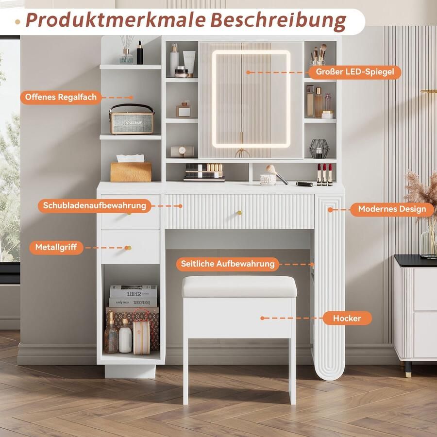Re-purelife Grote Make-up Tafel met LED Verlichting Spiegel & Krukje – Kaptafel met 3 Lichtstanden Lades Open Vakken & Opbergruimte – Modern Design Voor Slaapkamer – 100 x 40 x 138 cm – Wit