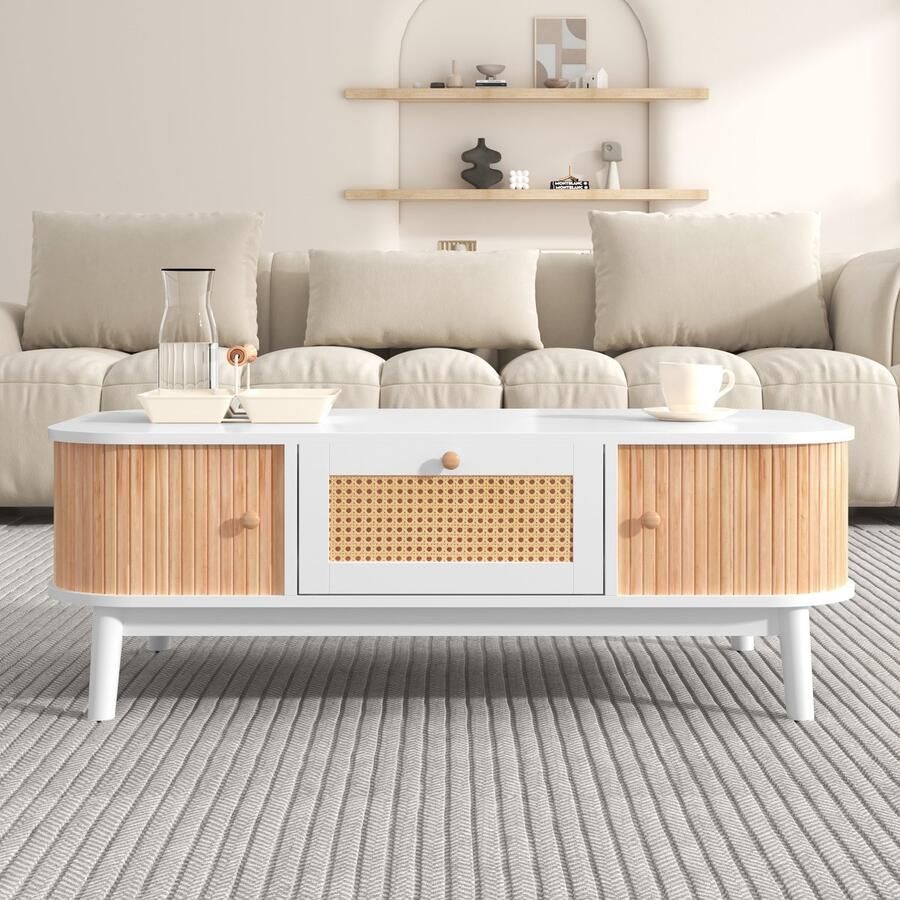 Re-purelife Grote salontafel met opbergruimte 110x55x38 5 cm – Landelijke rotan koffietafel opbergtafel met massief houten poten lades en schuifdeuren – Stevig & stijlvol – Wit