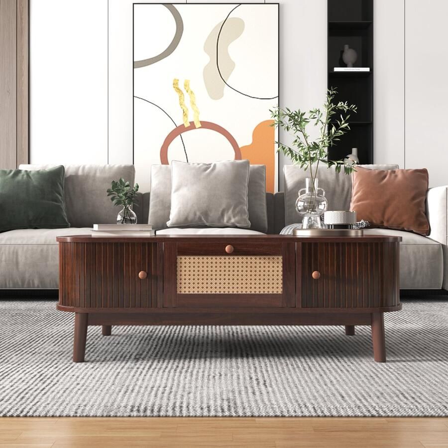 Re-purelife Grote salontafel met opbergruimte 110x55x38 5 cm – Landelijke rotan koffietafel opbergtafel met massief houten poten lades en schuifdeuren – Stevig & stijlvol – Naturel