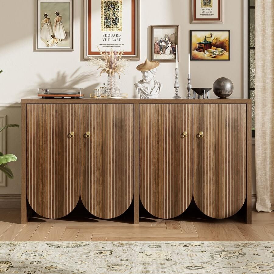 Re-purelife Grote Sideboard Notenlook 147x40x80 cm Stijlvolle en Elegante Kommode met 4 Deuren Zeer Stevige Kwaliteit Schoenenkast Multifunctionele Opbergkast voor Woonkamer Eetkamer en Hal
