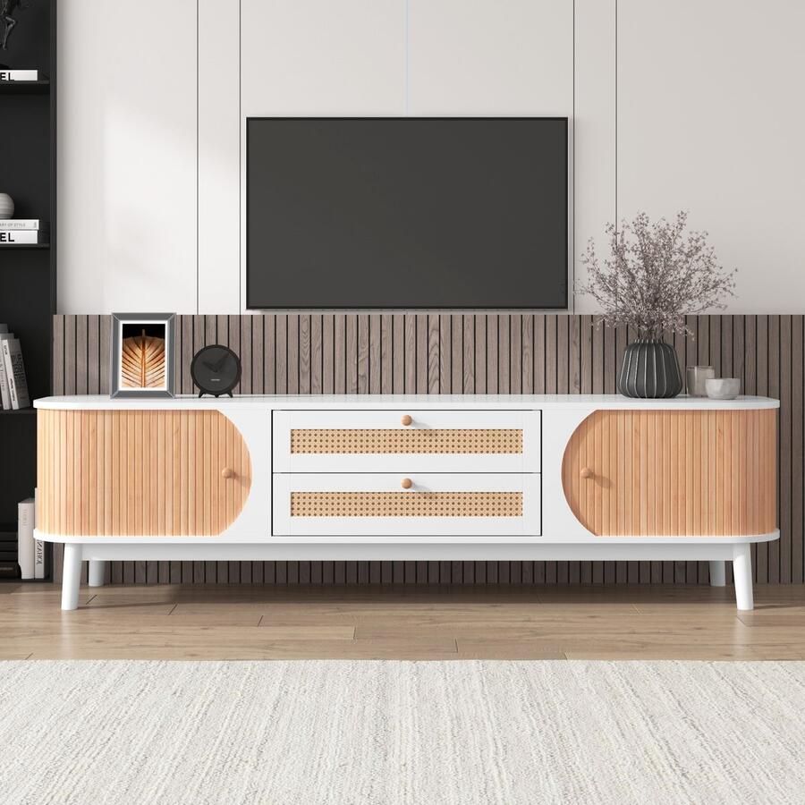 Re-purelife Grote TV Kast met Veel Opbergruimte TV Meubel met Rantan Details & Landhuis Stijl Stevig Materiaal 170x39.5x46 cm Wit