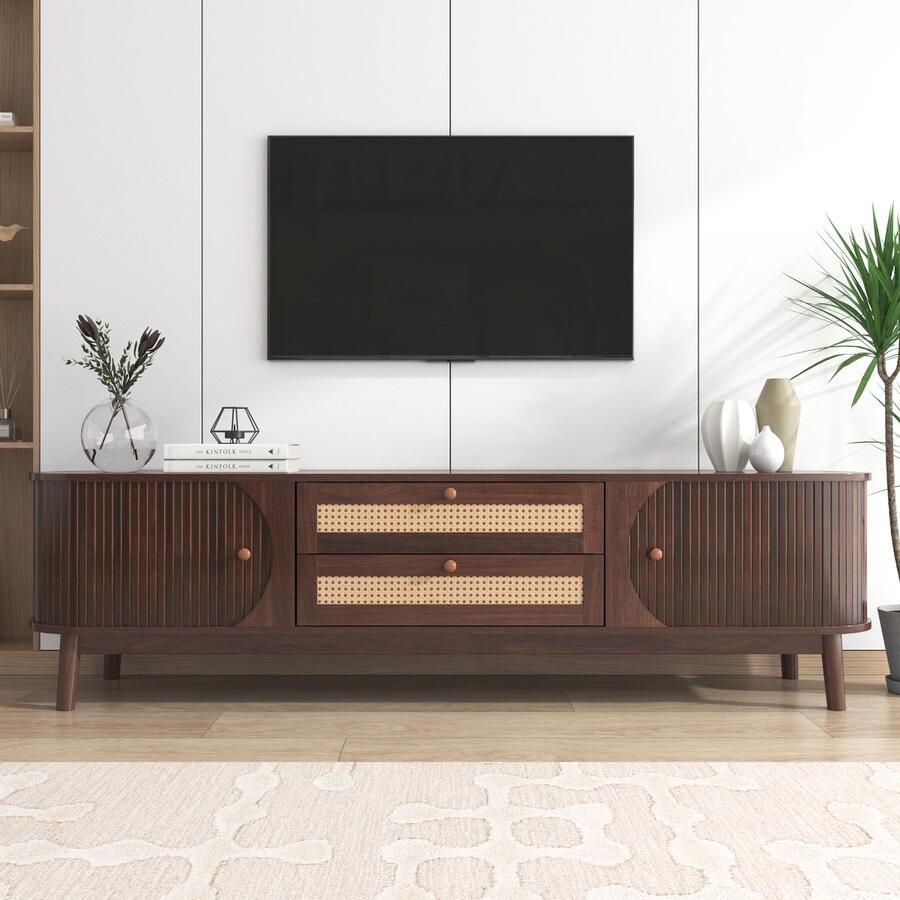 Re-purelife Grote TV Kast met Veel Opbergruimte TV Meubel met Rantan Details & Landhuis Stijl Stevig Materiaal 170x39.5x46 cm Natuur