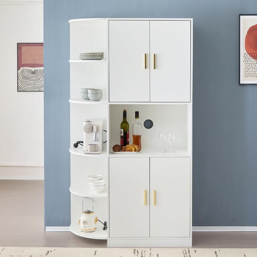 Re-purelife Hoog Dressoir 100*40*180 cm met Hoekplanken – Wit Modern Sideboard met Gouden Handgrepen – Keuken Woonkamer Slaapkamer Kantoor – Deurskasten & Open Opbergvakken met Veel Opbergruimte