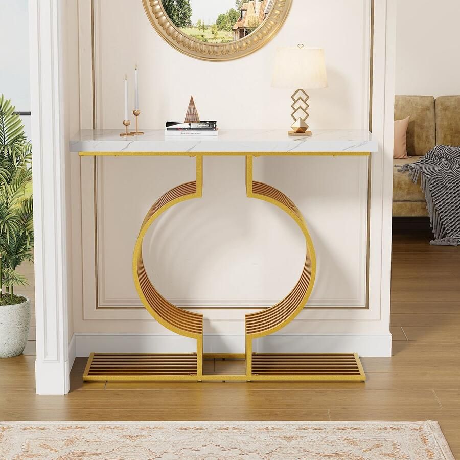 Re-purelife Hoogglans Console Tafel 100x35x80cm – Haltafel met 2 Montageopties voor Verschillende Stijlen – Luxe Bijzettafel met MDF Tafelblad en Metalen Onderstel – Voor Woonkamer Hal of Slaapkamer Wit & Goud