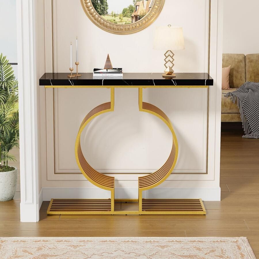 Re-purelife Hoogglans Console Tafel 100x35x80cm – Haltafel met 2 Montageopties voor Verschillende Stijlen – Luxe Bijzettafel met MDF Tafelblad en Metalen Onderstel – Voor Woonkamer Hal of Slaapkamer Zwart & Goud