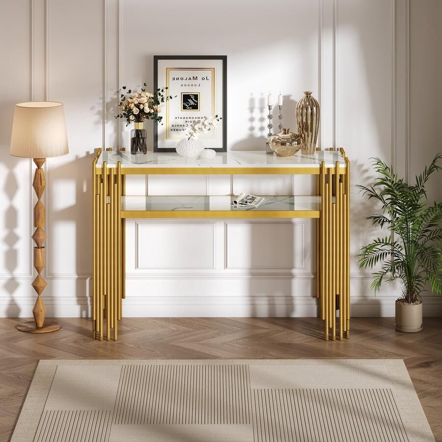 Re-purelife Hoogglans Console Tafel 124x44x80cm – Bijzettafel met 2 Open Opbergplanken – Luxe Marmerlook Haltafel met MDF Tafelblad en Metalen Frame – Voor Woonkamer Hal of Slaapkamer – Wit & Goud