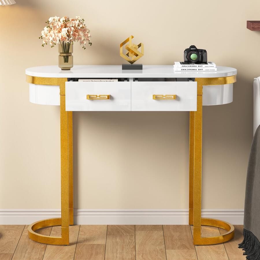 Merax 100 x 40 x 76 cm moderne minimalistische witte hoogglans bank bijzettafel woonkamer entreetafel bureau met 2 lades