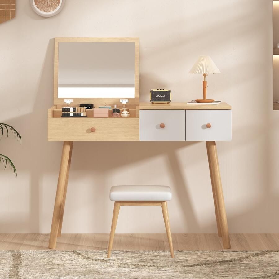 Re-purelife Kaptafel Houtlook met Spiegel en 3 Lades – Make-up Tafel met Opbergruimte Bureaufunctie – 100x40x78 cm – Wit & Houtkleur – Zonder Krukje – Modern Functioneel en Compact