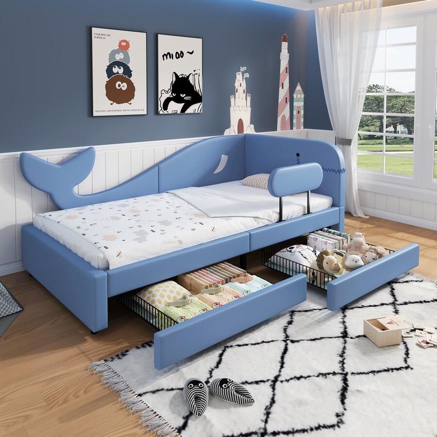 Merax Paneelbed voor kinderen Gestoffeerd bed Slaapbank Walvisdesign 2 lades op wielen blauw 90x200 cm zonder matras