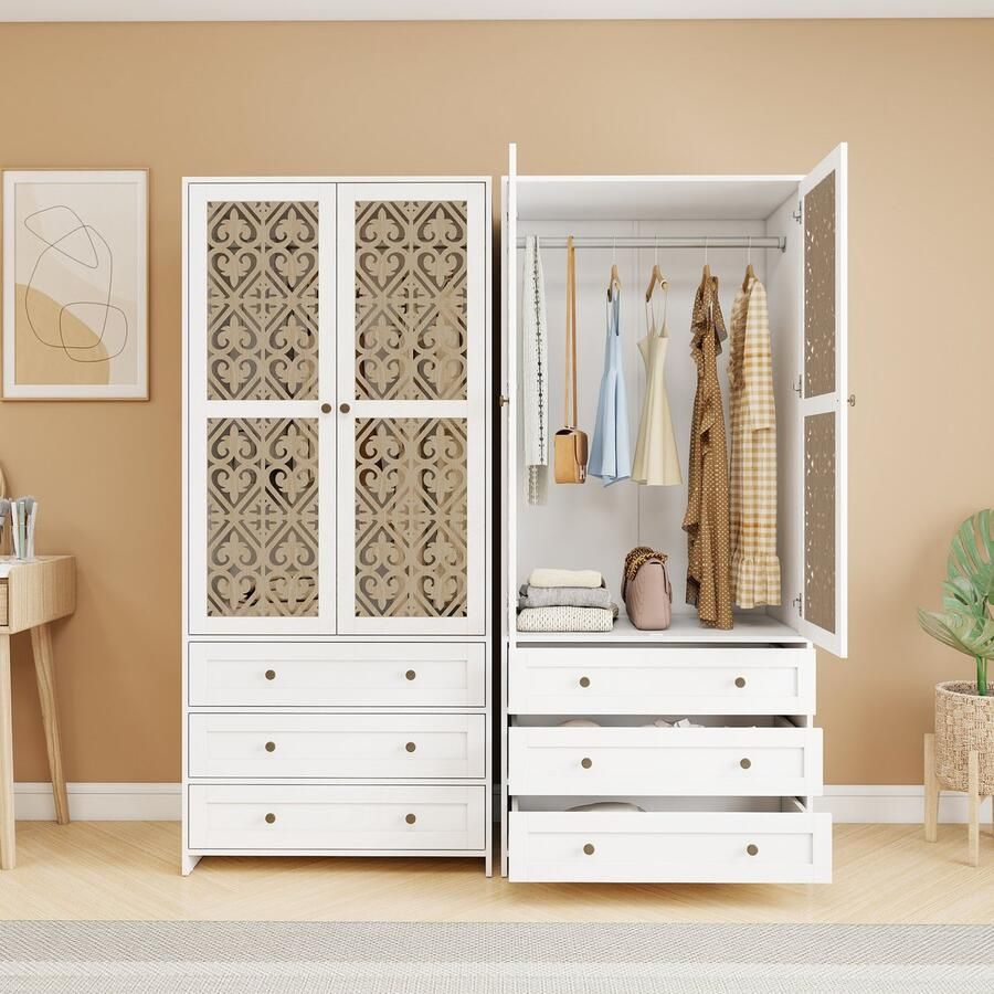 Re-purelife Kledingkast 80x48x180cm – 1 Stuks – Boho Garderobekast met Rattan Details 3 Lades & Dubbele Deuren – Opbergkast met Aluminium Kledingroede – Voor Slaapkamer Woonkamer of Hal – Wit