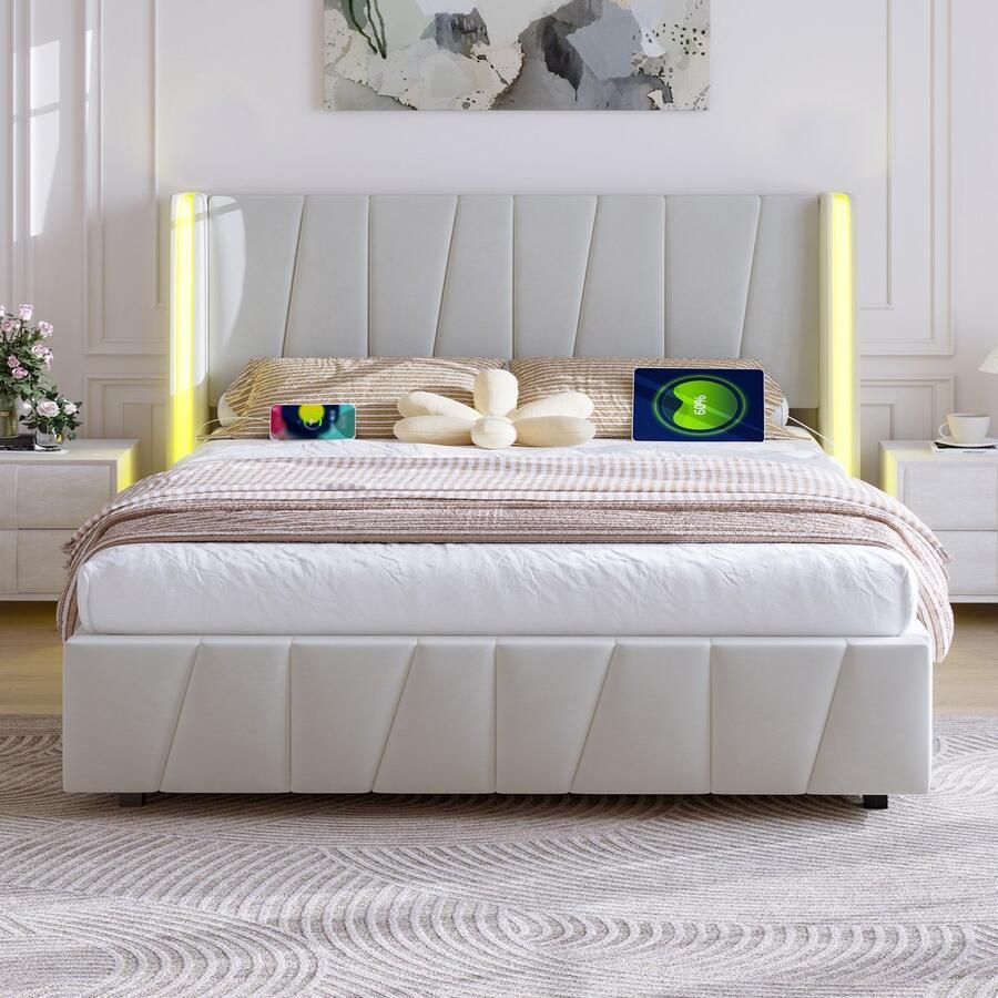 Re-purelife Luxe 140x200cm Bedframe met USB LED Verlichting Hydraulisch Opbergsysteem – Minimalistisch Duurzaam & Comfortabel – Velvet Stof Massief Frame – Modern Design voor Slaapkamer – Tweepersoonsbed – Beige zonder Matras