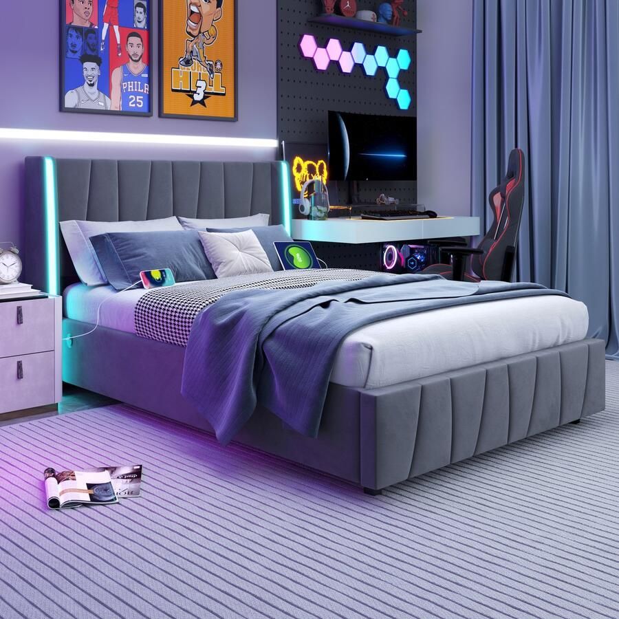 Re-purelife Luxe 160x200cm Bedframe met USB LED Verlichting Hydraulisch Opbergsysteem – Minimalistisch Duurzaam & Comfortabel – Velvet Stof Massief Frame – Modern Design voor Slaapkamer – Tweepersoonsbed – Grijs zonder Matras