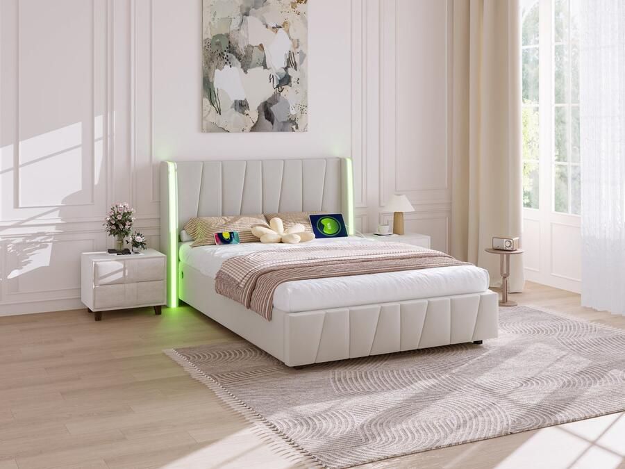 Re-purelife Luxe 160x200cm Bedframe met USB LED Verlichting Hydraulisch Opbergsysteem – Minimalistisch Duurzaam & Comfortabel – Velvet Stof Massief Frame – Modern Design voor Slaapkamer – Tweepersoonsbed – Beige zonder Matras