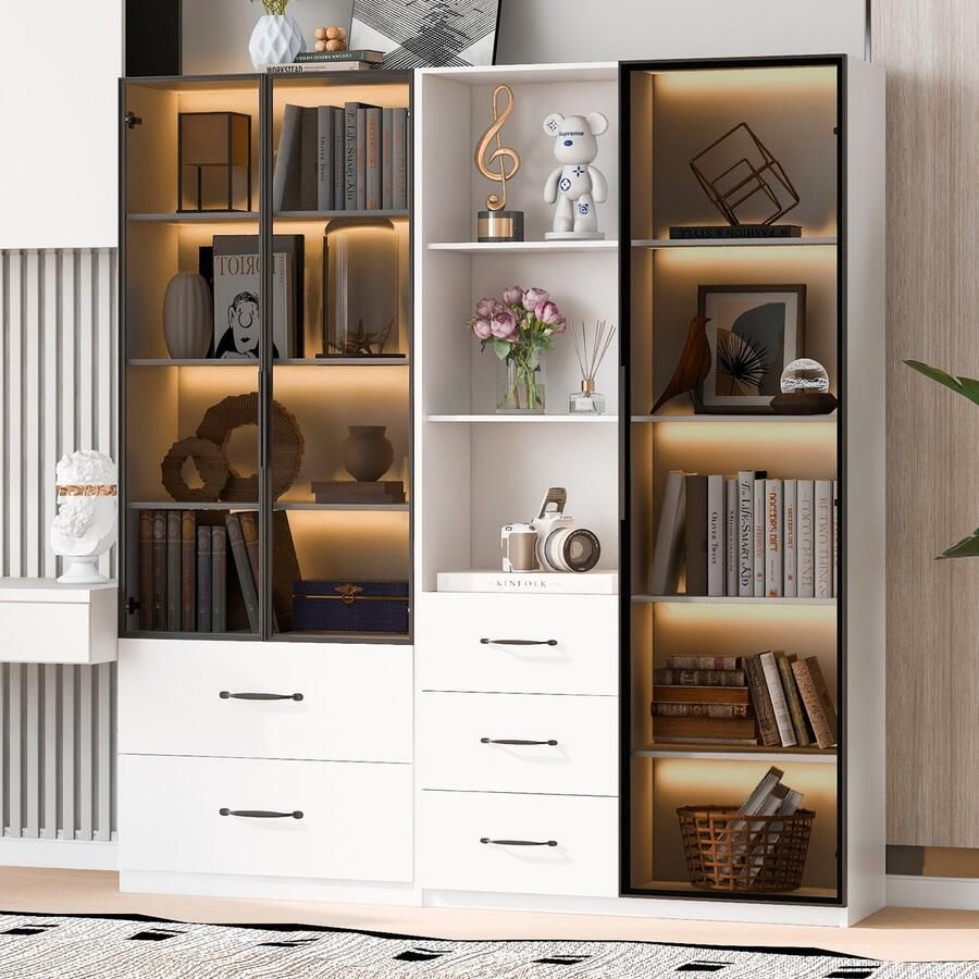 Re-purelife Luxe LED Vitrinekast 140x40x160 cm Grote Boekenkast met Glazen Deuren & Multicolor Verlichting Stofdichte Displaykast met Open Vakken & Laden Zachte Sluiting Stijlvol & Elegant Moderne Opbergkast voor Woonkamer