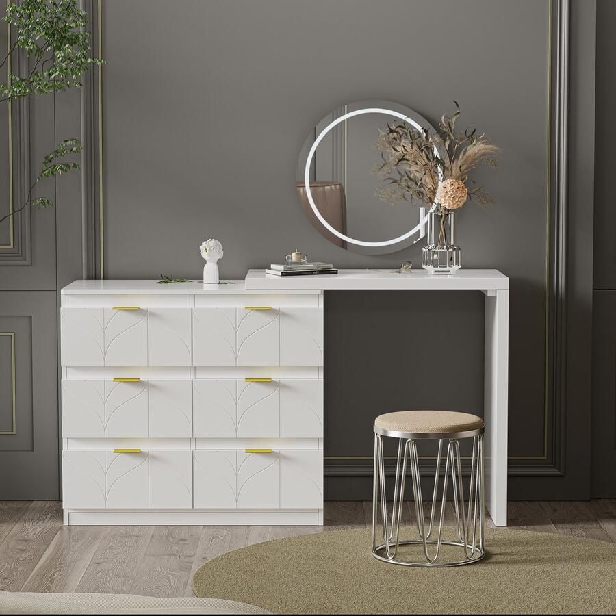 Re-purelife Luxe Make-up Tafel en Kaptafel Set met 6 Lades Witte Opbergtafel met Gouden Handvatten & Bloemenprint Draaibare Schminktafel Bureau 160*40x73 cm Zonder Spiegel en Kruk