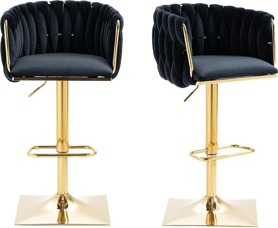 Re-purelife Luxe Moderne Fluwelen Barkrukken – Set van 2 360° Draaibaar In Hoogte Verstelbaar met Ergonomische Rugleuning en Voetsteun Stevige Metalen Basis – Zwart & Goud