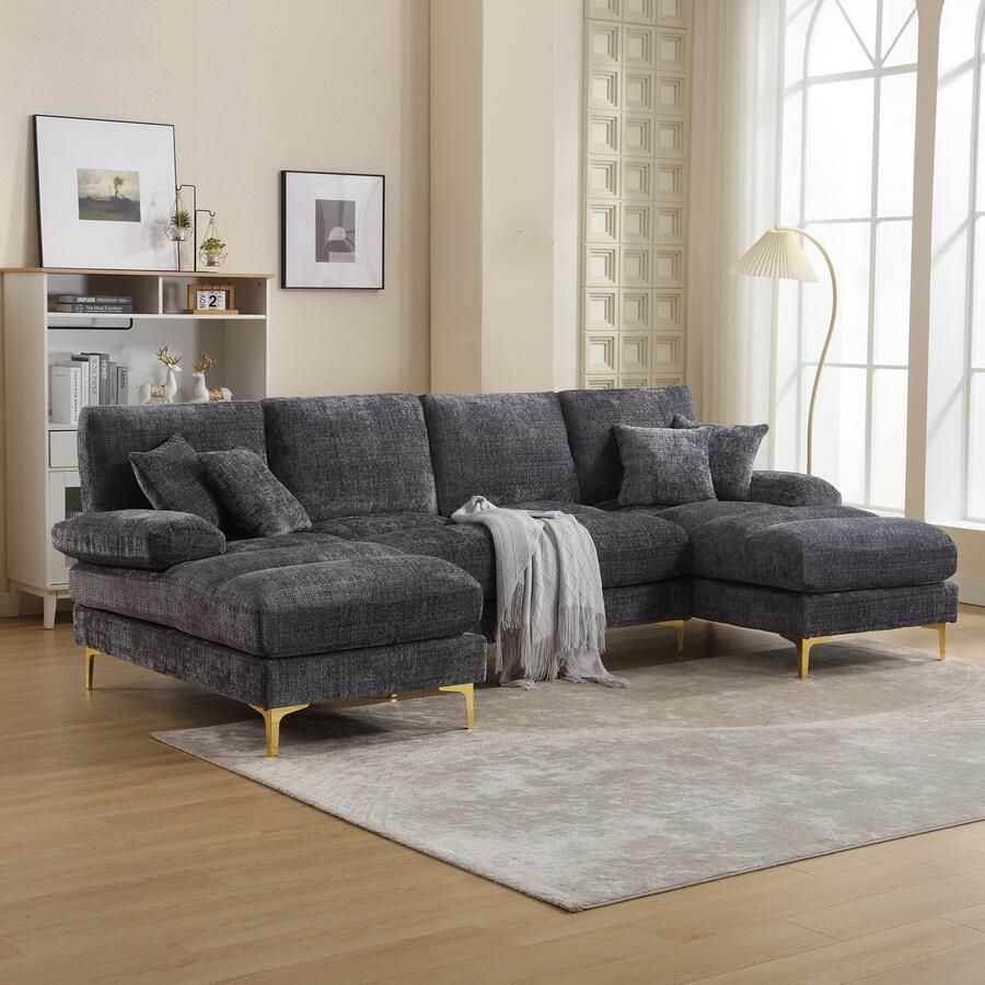 Re-purelife Luxe Moderne U-vormige loungebank hoekbank 272x136 cm Hoekzetel massief houten frame dubbele ligplaatsen comfortabele ligbank stevige constructie ergonomisch zitcomfort ruime familiesofa voor woonkamer of kantoor – Grijs