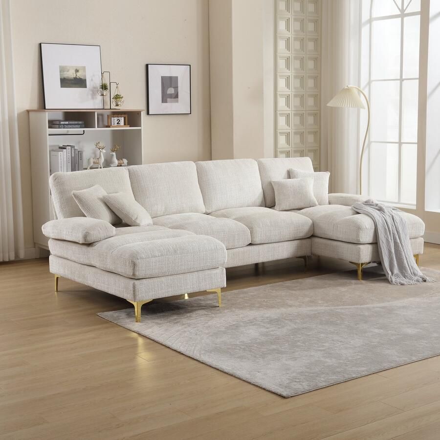 Re-purelife Luxe Moderne U-vormige loungebank hoekbank 272x136 cm Hoekzetel massief houten frame dubbele ligplaatsen comfortabele ligbank stevige constructie ergonomisch zitcomfort ruime familiesofa voor woonkamer of kantoor – Beige