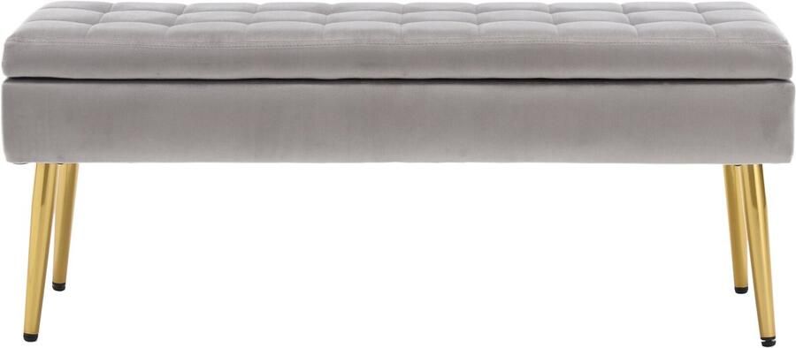 Re-purelife Luxe Opbergbank – Elegant & Modern Design Hoogwaardig Fluweel Stevige Metalen Poten – Voetenbank Slaapkamerbank & Nachtkastbank met Veel Opbergruimte – 111×35×44.5 cm – Grijs & Goud