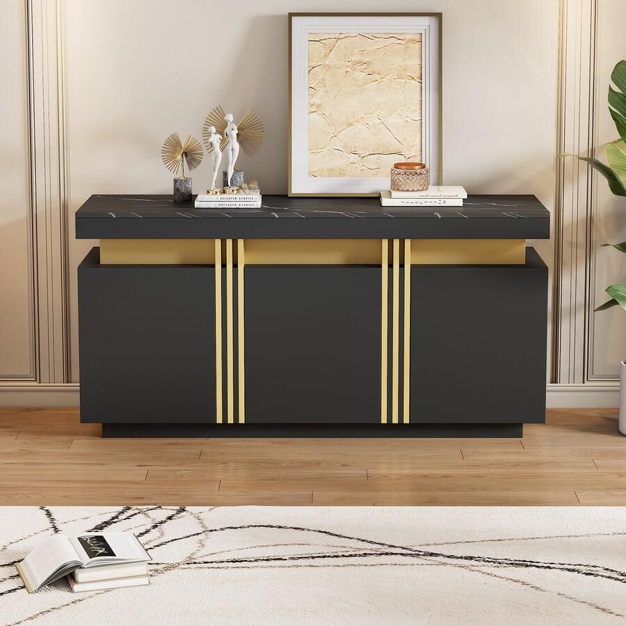 Re-purelife Luxe Sideboard 140x38x70 cm Dressoir Drie Deuren met Verstelbare Planken Opbergkast voor Woonkamer Hal Keuken Slaapkamer Meubel Stevig Modern Design Stijlvol Hoge Kwaliteit Veel Opbergruimte Zwart