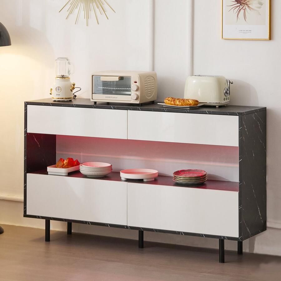 Re-purelife Luxe Sideboard Dressoir Zwart & Wit Marmerlook – 150x35x89 5 cm – 4 Lades met LED Verlichting – Open Vakken – Modern Ontwerp – Metaalframe & Anti-Kantel Beveiliging – Kast voor Woonkamer of Keuken