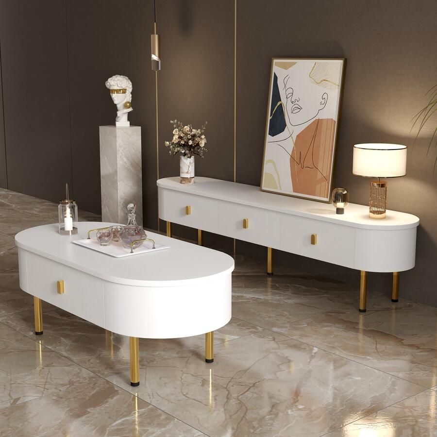 Re-purelife Luxe TV Meubel & Salontafel Set met Laden en Afgeronde Hoeken Veilig voor Kinderen – Modern Design met Gouden Details – Veel Opbergruimte – TV Kast 174x35x41 cm + Tafel 108x50x40 cm – Woonkamer Meubel