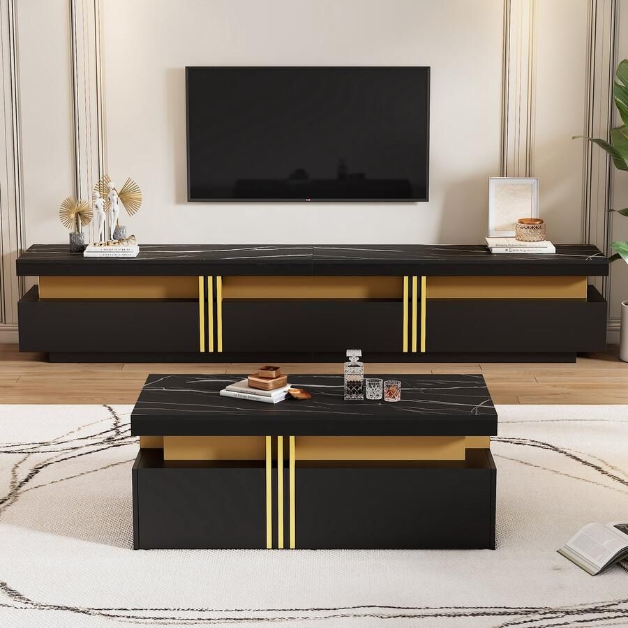 Re-purelife Luxe Woonkamer Wandmeubel Set – TV Meubel 200×40×42 cm + Salontafel 100×50×40 cm – TV Kast & Coffee Tafel Stevig Modern Design Stijlvol Hoge Kwaliteit Veel Opbergruimte – Zwart