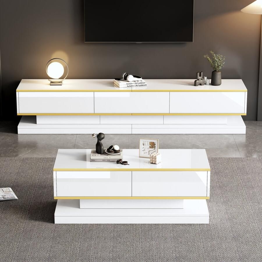 Re-purelife Luxe Woonkamer Set TV Meubel & Salontafel met veel Opbergruimte Wit Highgloss TV Meubel 200x40x40 cm met 3 Lades Salontafel 100x50x38 cm met 2 Lades Moderne Woonkamerset TV Kast & Coffee Tafel Stevig & Stijlvol