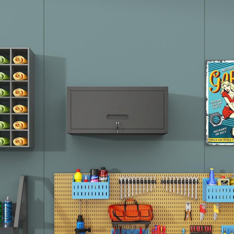 Re-purelife Metalen Wandschrank 75x30x34 5 cm – Sterk & Modern Gereedschapskast met Slot – Hydraulisch Deurmechanisme – Wandkast voor Garage Werkplaats of Keuken – Draagkracht tot 30 kg – Zwart & Grijs