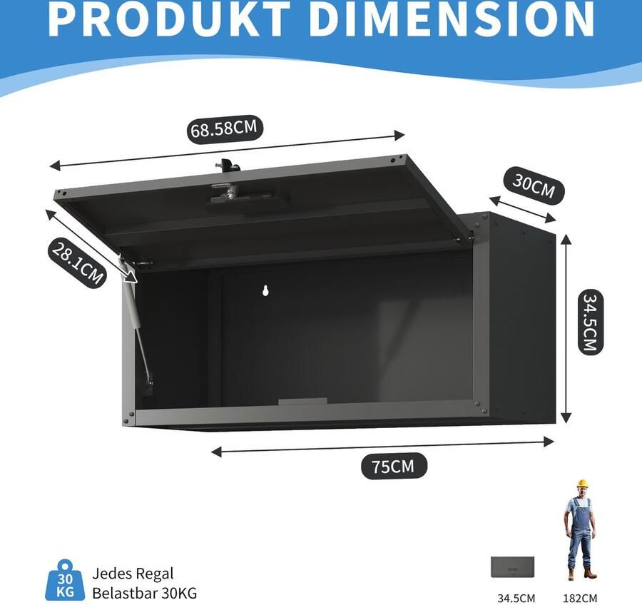 Re-purelife Metalen Wandschrank 75x30x34 5 cm – Sterk & Modern Gereedschapskast met Slot – Hydraulisch Deurmechanisme – Wandkast voor Garage Werkplaats of Keuken – Draagkracht tot 30 kg – Zwart