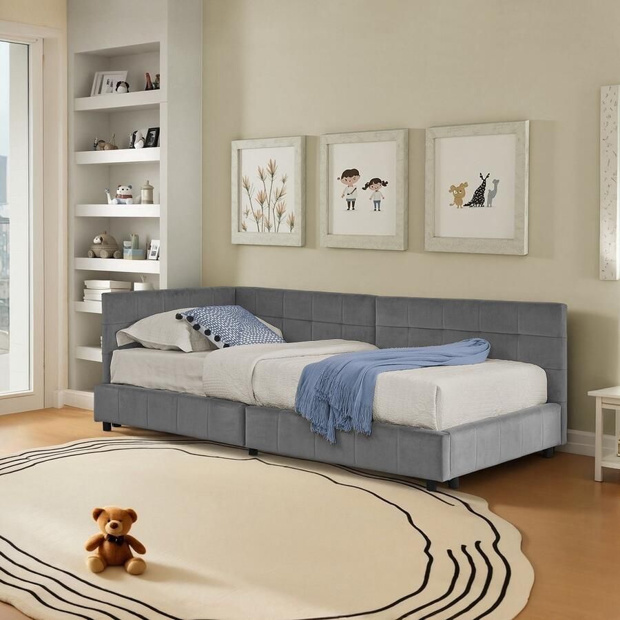 Re-purelife Modern Eenpersoonsbed Frame 90x200 cm Kinderbed Bedbodem Zonder Matras Max. Belasting 200 kg Hoge Rugleuning Ruimtebesparend voor Kleine Slaapkamer & Kinderkamer Stevig Frame met Zachte & Luxe Fluweel Stof Donkergrijs