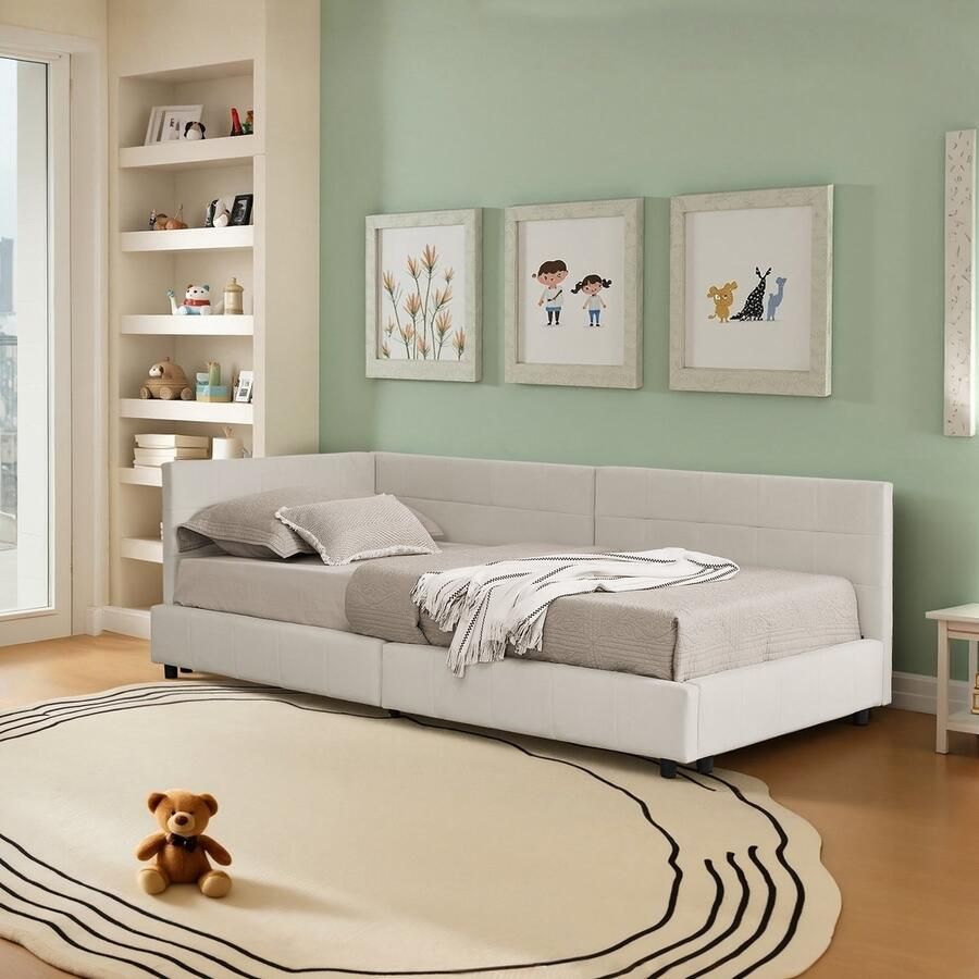 Re-purelife Modern Eenpersoonsbed Frame 90x200 cm Kinderbed Bedbodem Zonder Matras Max. Belasting 200 kg Hoge Rugleuning Ruimtebesparend voor Kleine Slaapkamer & Kinderkamer Stevig Frame met Zachte & Luxe Fluweel Stof Beige