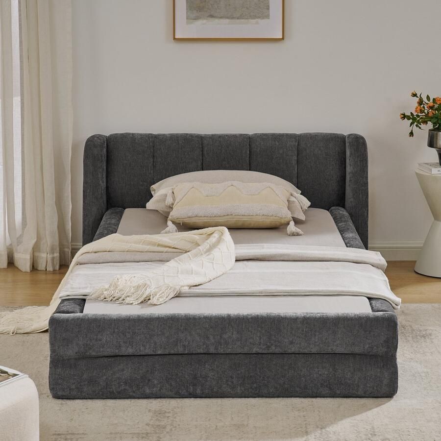 Re-purelife Modern Eenpersoonsbed Frame 90x200 cm Kinderbed Bedbodem Zonder Matras Max. Belasting 200 kg Laag en Makkelijk Opstaan Ruimtebesparend voor Kleine Slaapkamer & Kinderkamer Stevig Frame met Zachte Chenille Stof Donkergrijs