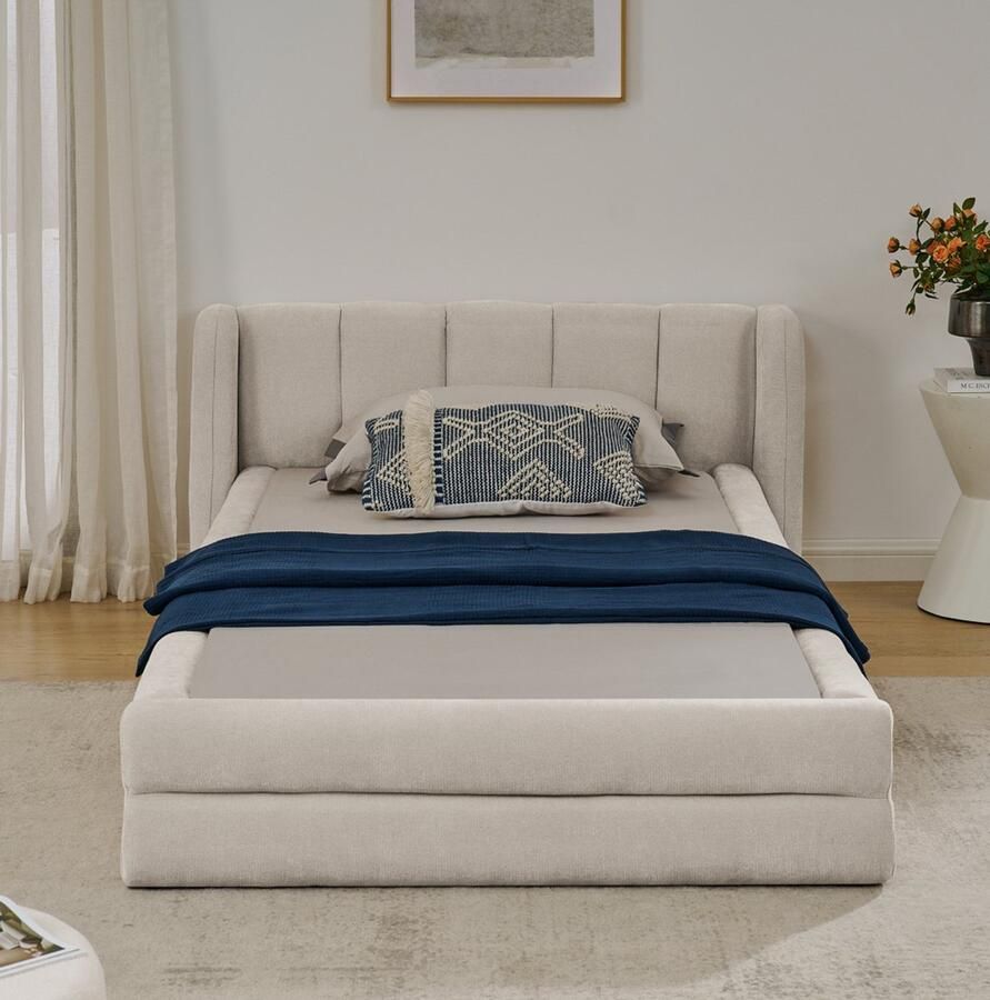 Re-purelife Modern Eenpersoonsbed Frame 90x200 cm Kinderbed Bedbodem Zonder Matras Max. Belasting 200 kg Laag en Makkelijk Opstaan Ruimtebesparend voor Kleine Slaapkamer & Kinderkamer Stevig Frame met Zachte Chenille Stof Beige