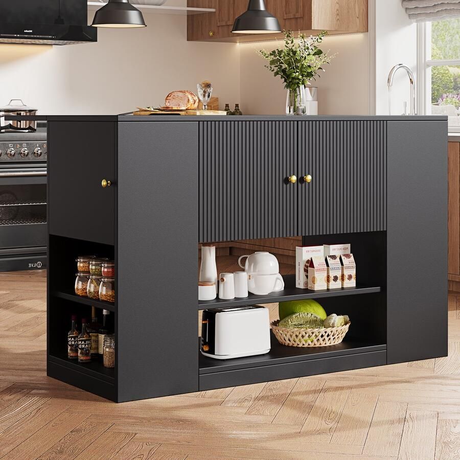 Re-purelife Modern Keukeneiland – Stevig & Duurzaam – Met Lades & Planken – Uitschuifbaar Tafelblad – Buffetkast & Opbergkast voor Keuken of Eetkamer – Zwart – 140×40×90 cm