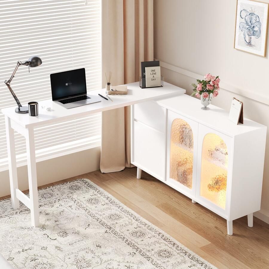 Re-purelife Modern Office Bureau met LED Verlichting 120x40x78 cm Multifunctioneel 360° Draaibaar Design Ruimtebesparend Hoekbureau Flexibele 2-in-1 Sideboard & Werkblad Wit