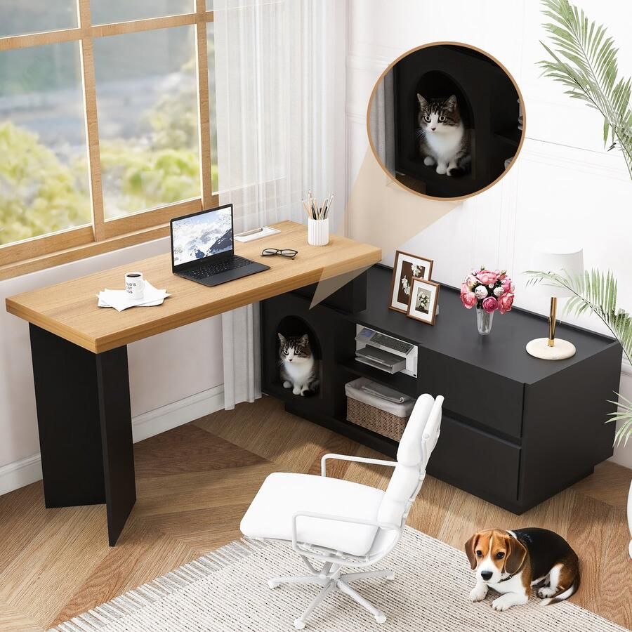 Re-purelife Modern Office Stevig Bureau 120x50x75 cm Multifunctioneel 360° Draaibaar Design Ruimtebesparend L-Vormig Hoekbureau met XL Huisdierenholte voor Kat of Hond Flexibel 2-in-1 Sideboard & Werkblad Zwart & Eiken