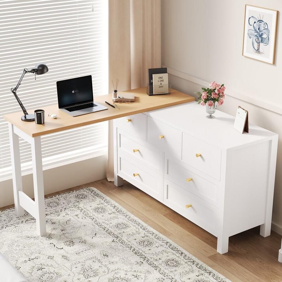 Re-purelife Modern Office Uitschuifbaar Bureau met Veel Opbergruimte Multifunctioneel 2-in-1 Sideboard en Werkstation Ruimtebesparend Ontwerp Hoekbureau Eik Wit Stijlvol & Hoge Kwaliteit 120*40*70 cm