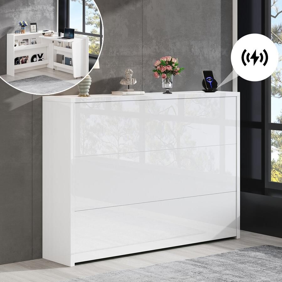 Re-purelife Modern Office Uitschuifbaar Bureau met Wieltjes & Draadloze Lader Multifunctioneel 2-in-1 Sideboard en Werkstation Ruimtebesparend Ontwerp voor Kleine Ruimtes Hoogglans Wit Stijlvol & Hoge Kwaliteit 139*115*93 cm