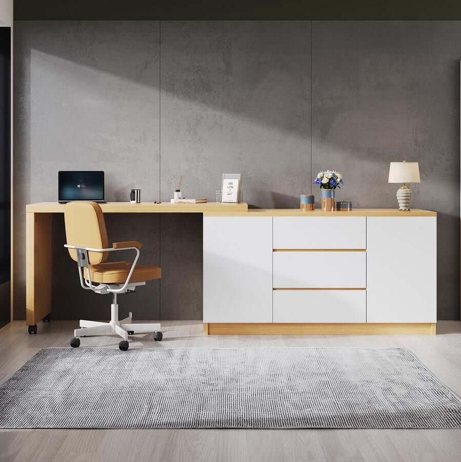 Re-purelife Modern Office Uitschuifbaar Bureau met Wieltjes & Draadloze Lader Multifunctioneel 2-in-1 Sideboard en Werkstation Ruimtebesparend Ontwerp Hoekbureau Eik Wit Stijlvol & Hoge Kwaliteit 4 cm Dik Materiaal Heel Stevig 120*50*76.5 cm