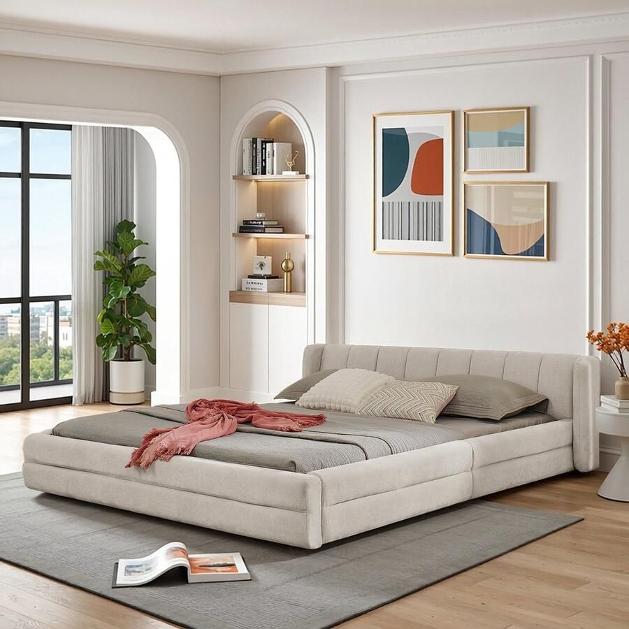 Re-purelife Modern Tweepersoonsbed Frame 140x200 cm Bedbodem Zonder Matras Max. Belasting 250 kg Laag en Makkelijk Opstaan Stevig Frame met Zachte Chenille Stof Slaapkamer Meubels Beige