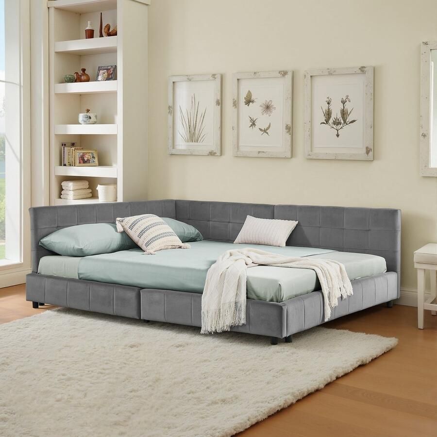 Re-purelife Modern Tweepersoonsbed Frame 140x200 cm L-Vormig Hoekbed Bedbodem Zonder Matras Max. Belasting 250 kg Hoge Rugleuning Stevig Frame met Zachte & Luxe Fluweel Stof Donkergrijs
