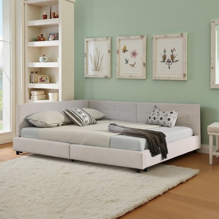 Re-purelife Modern Tweepersoonsbed Frame 140x200 cm L-Vormig Hoekbed Bedbodem Zonder Matras Max. Belasting 250 kg Hoge Rugleuning Stevig Frame met Zachte & Luxe Fluweel Stof Beige